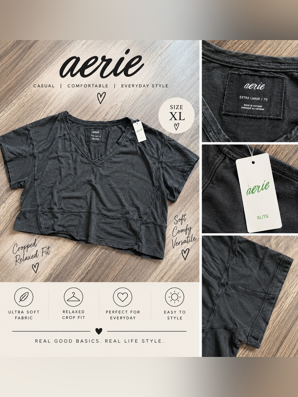 aerie Black Relaxed V-Neck Cropped Tee